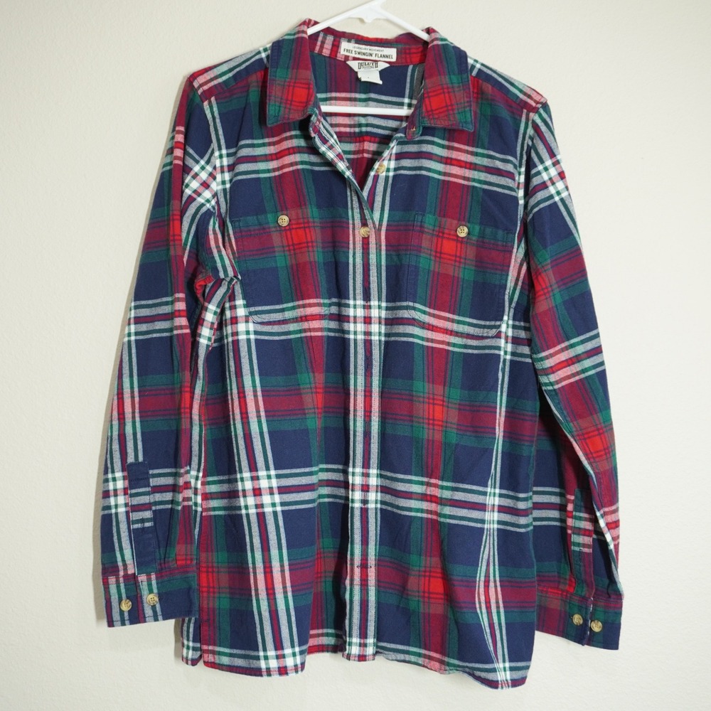 Duluth Trading Co Women's Large Free Swingin Flannel Shirt Navy Red Plaid Cotton